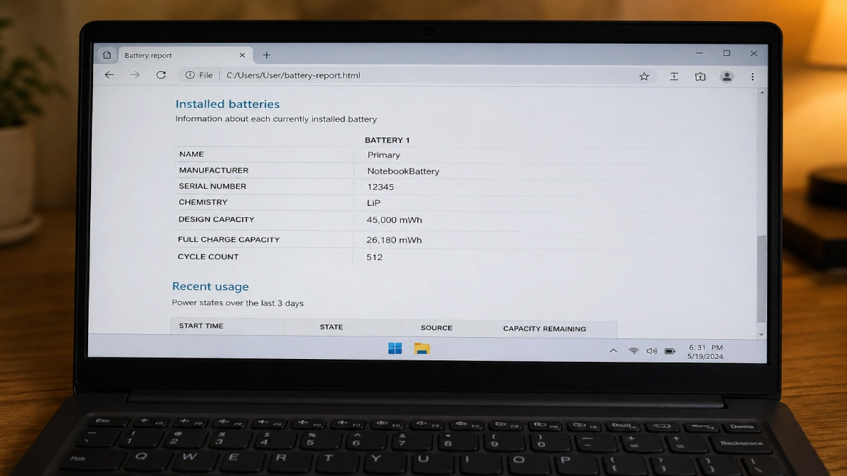 Raport baterie laptop Windows — Design Capacity 45.000 mWh vs Full Charge Capacity 26.180 mWh
