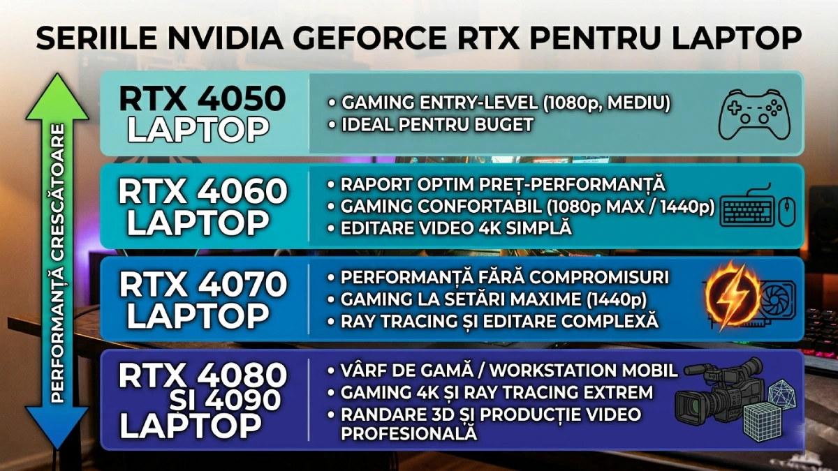 NVIDIA GeForce RTX pentru laptop — RTX 4050 vs 4060 vs 4070 vs 4080 comparate