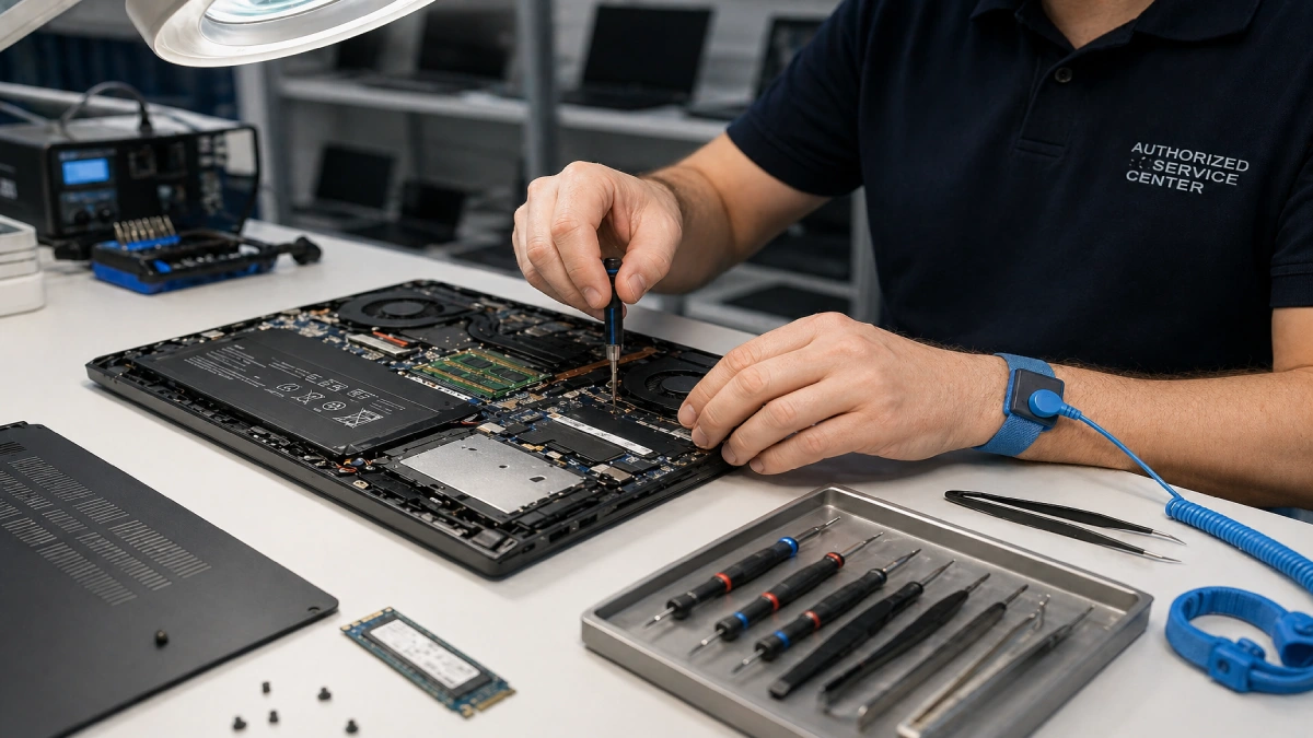 tehnician centru service autorizat laptopuri dezasamblează laptop cu brățară antistatică și instrumente de precizie