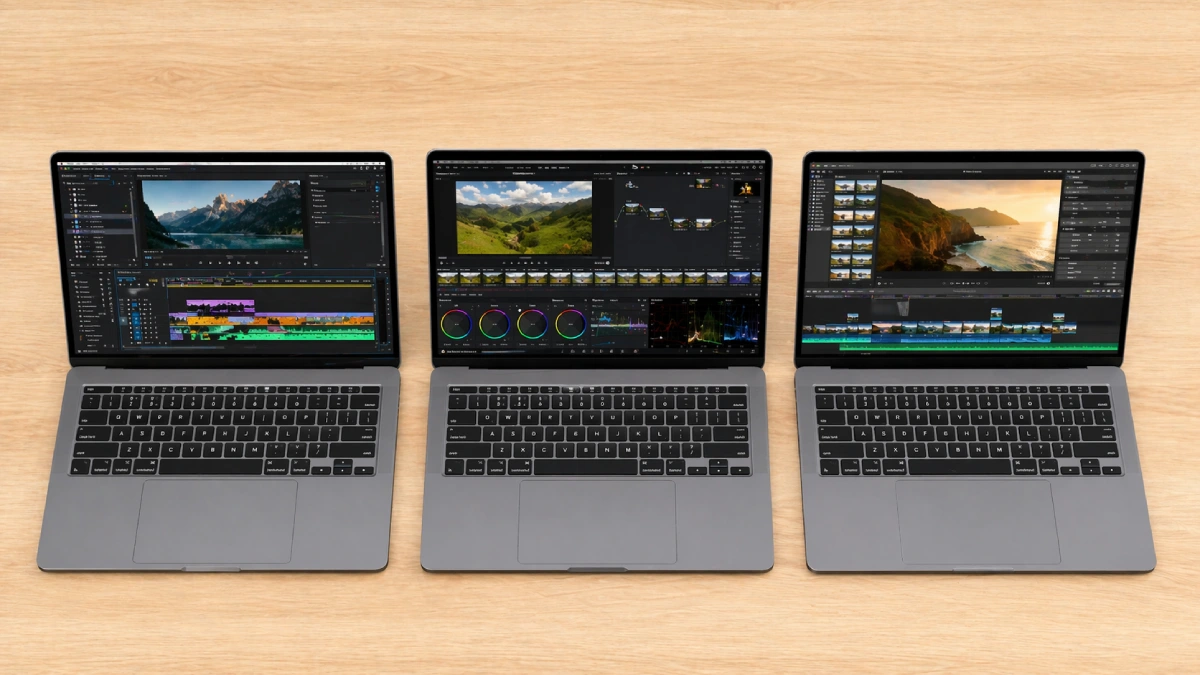 Trei laptopuri cu Adobe Premiere Pro, DaVinci Resolve și Final Cut Pro deschise pentru comparație