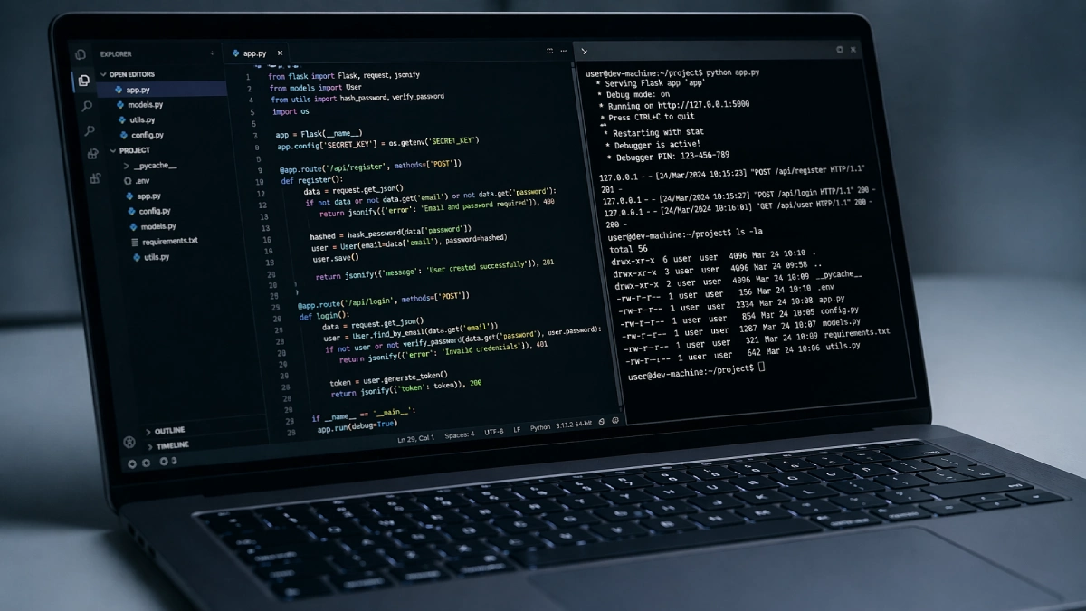 Laptop cu Visual Studio Code și terminal activ — specificații esențiale pentru programare