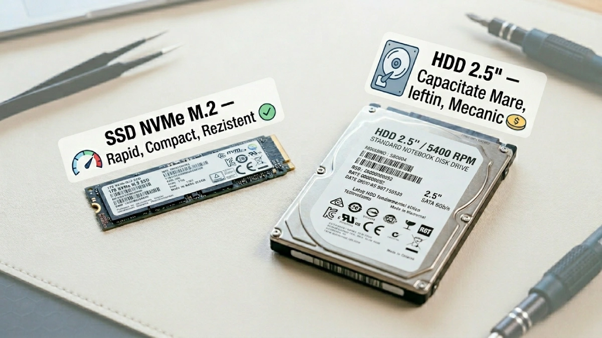 SSD NVMe M.2 vs HDD 2.5 laptop — comparație vizuală componente stocare