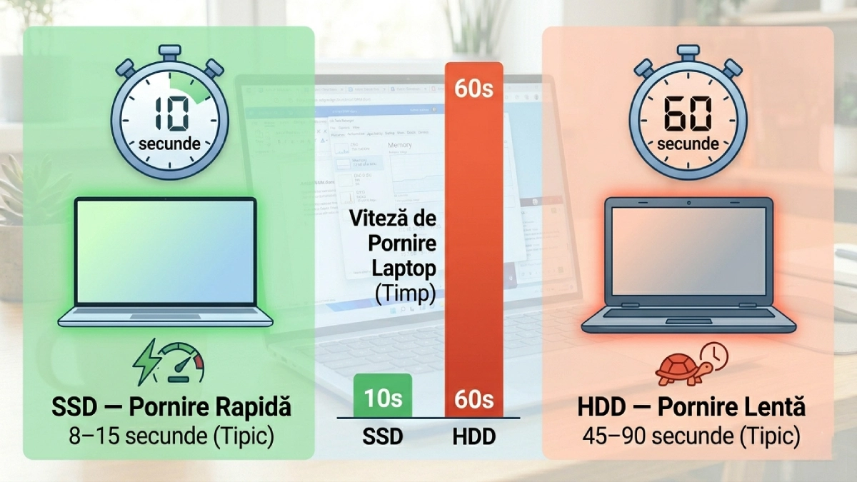 SSD vs HDD viteză pornire laptop — 10 secunde față de 60 secunde