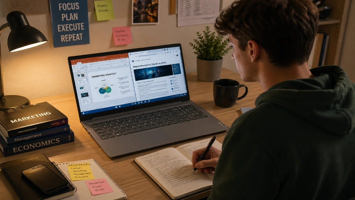 Student care folosește un laptop Lenovo IdeaPad la birou, cu cărți de marketing și economie, PowerPoint deschis