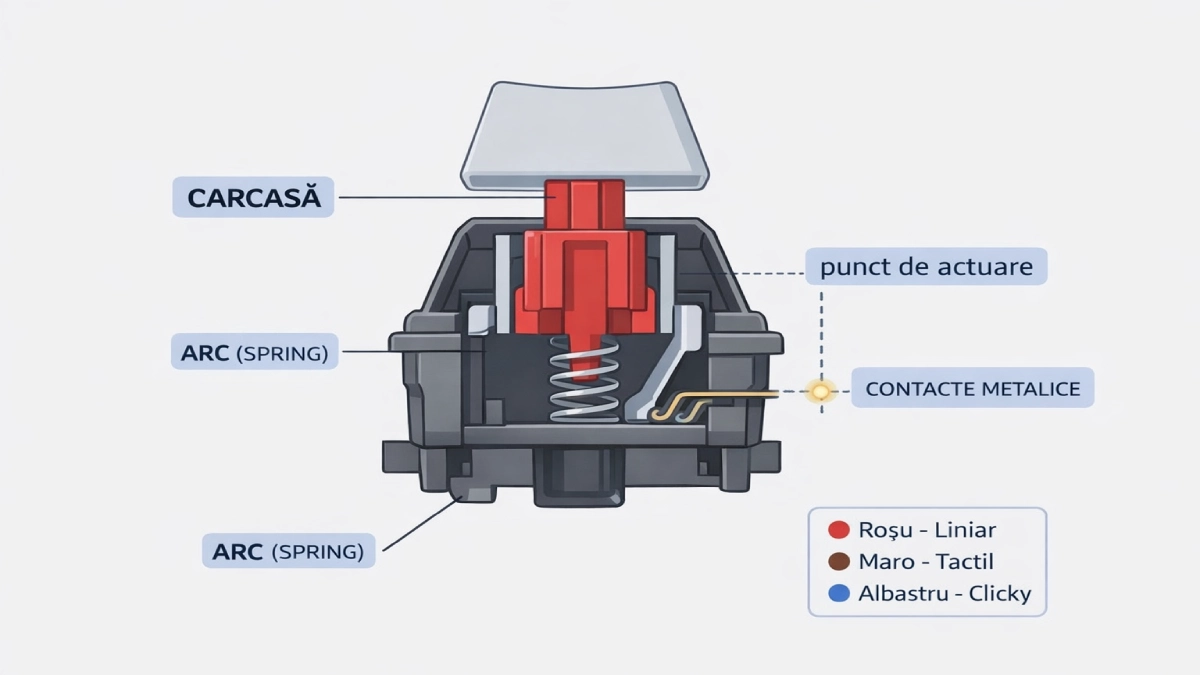 diagramă switch mecanic tastatură cu piston arc contacte metalice și punct de actuare explicate