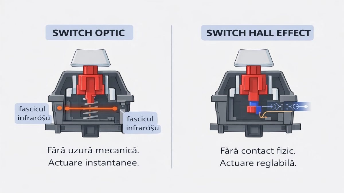 diagramă comparativă switch optic vs hall effect cu fascicul infraroșu și senzor magnetic