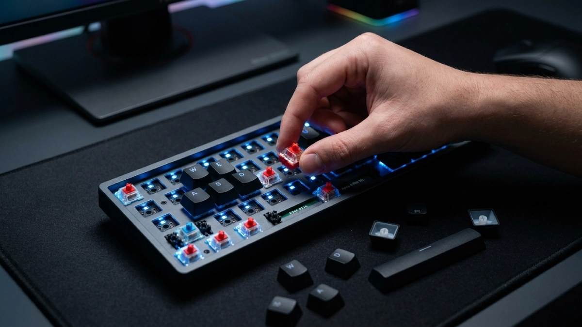 Mână care introduce un switch mecanic roșu într-o tastatură gaming wireless hot-swappable, taste scoase pe mousepad negru