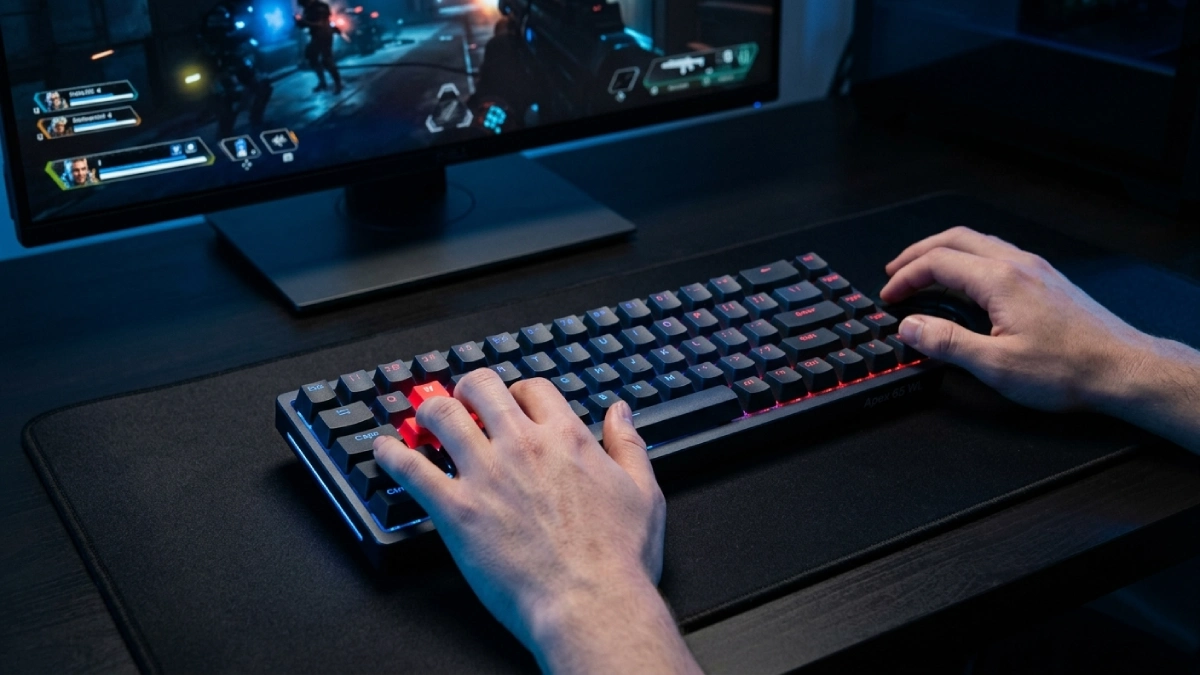 Ambele mâini pe tastatură gaming wireless compactă 65% cu taste WASD roșii și monitor FPS în fundal