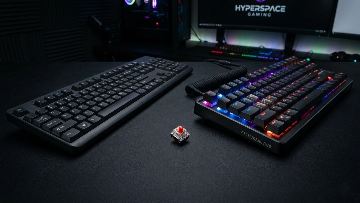 tastatură mecanică vs tastatură membrană comparate pe birou gaming cu switch mecanic vizibil între ele