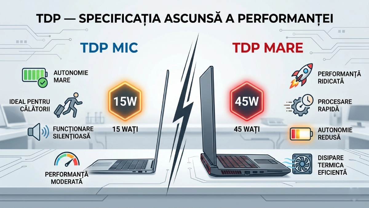 TDP procesor laptop — diferența dintre 15W și 45W în utilizare reală
