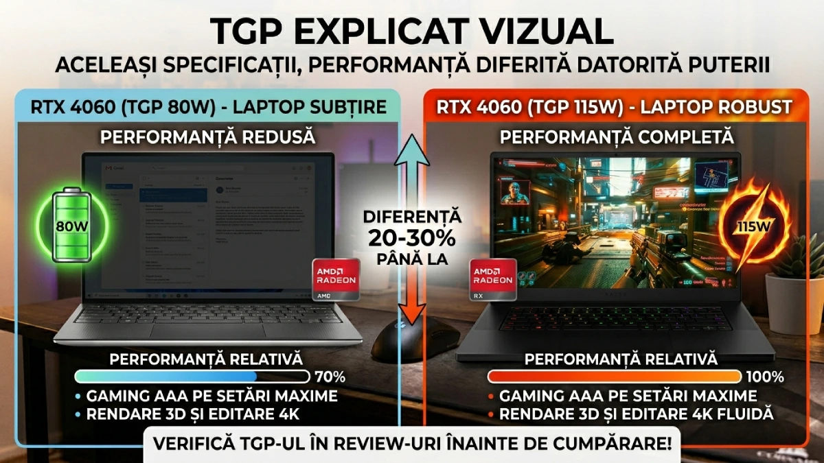 TGP GPU laptop — RTX 4060 cu 80W vs 115W, diferență de performanță 20-30%