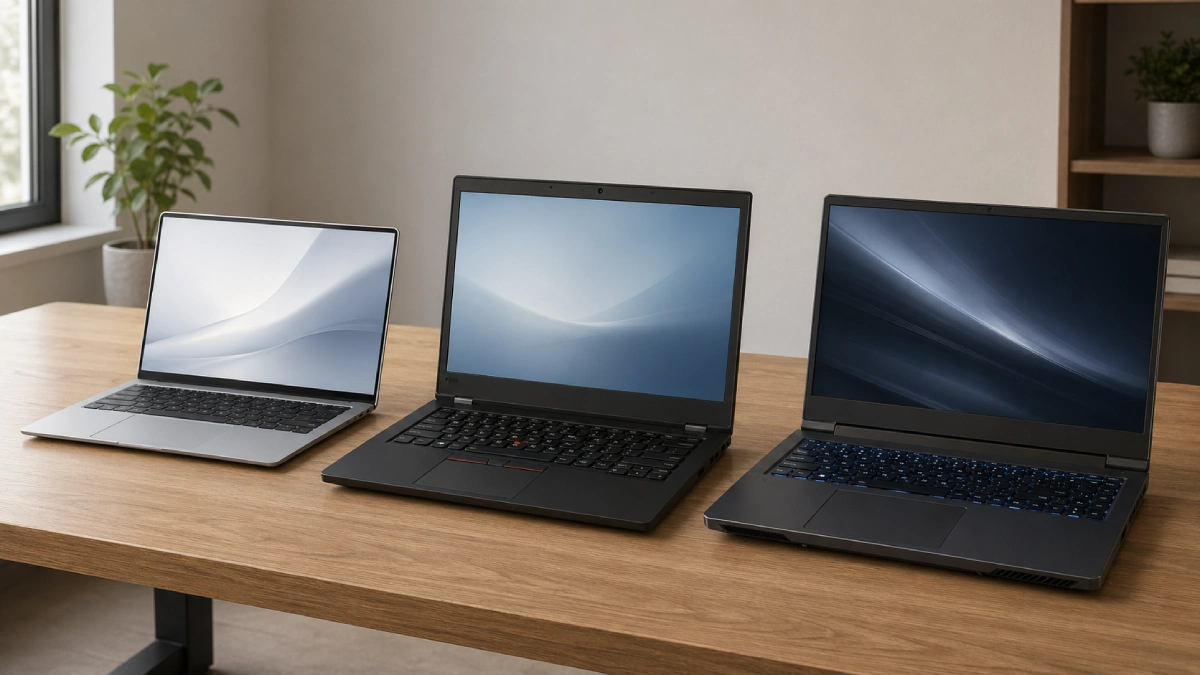 Trei tipuri de laptopuri pe birou — ultrabook, business și gaming cu durată de viață diferită