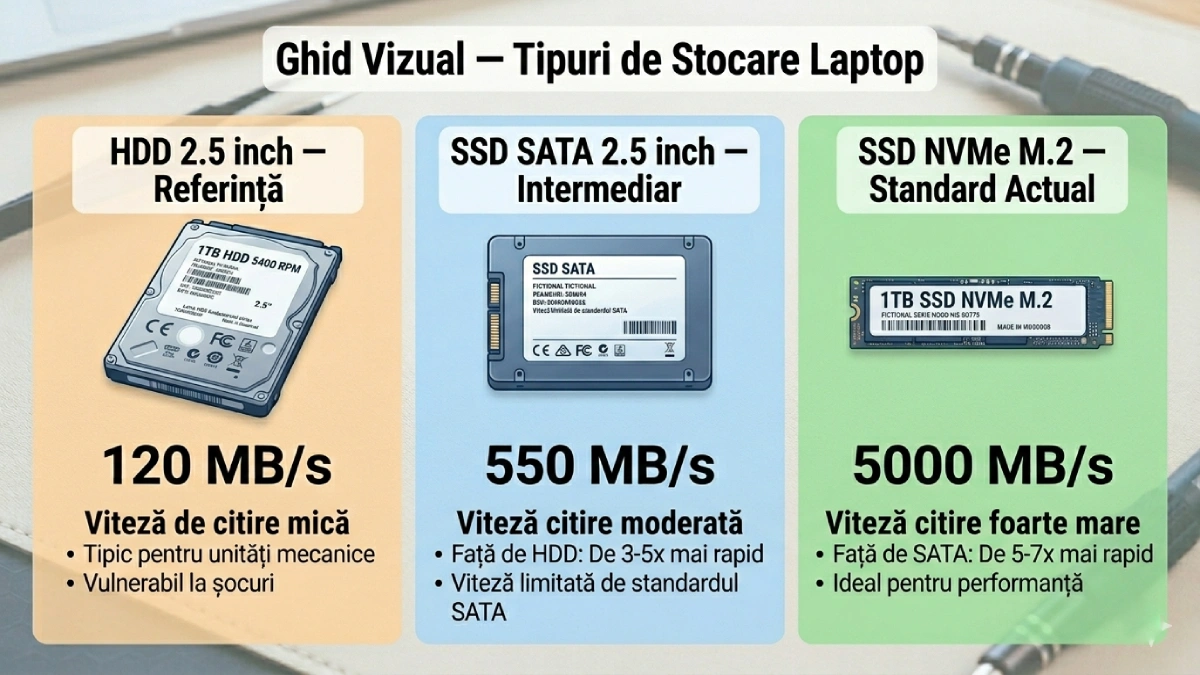 tipuri stocare laptop — HDD 120 MB/s vs SSD SATA 550 MB/s vs SSD NVMe 5000 MB/s
