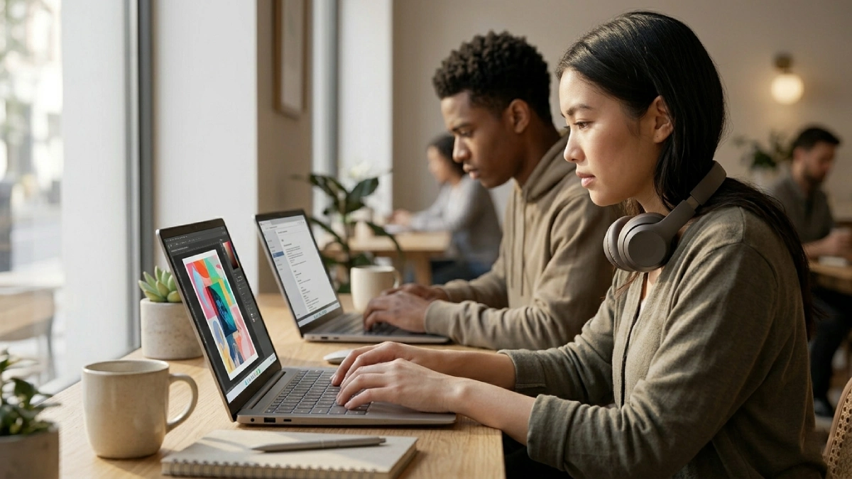 Doi tineri utilizând laptopuri diferite într-un spațiu de lucru modern, ilustrând nevoile variate de utilizare: studiu, programare și editare video