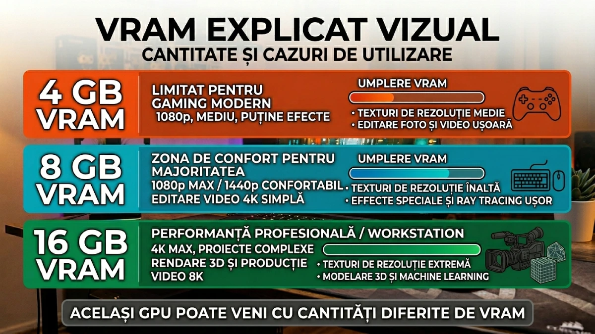 VRAM GPU laptop — 4 GB vs 8 GB vs 16 GB cantitate și cazuri de utilizare