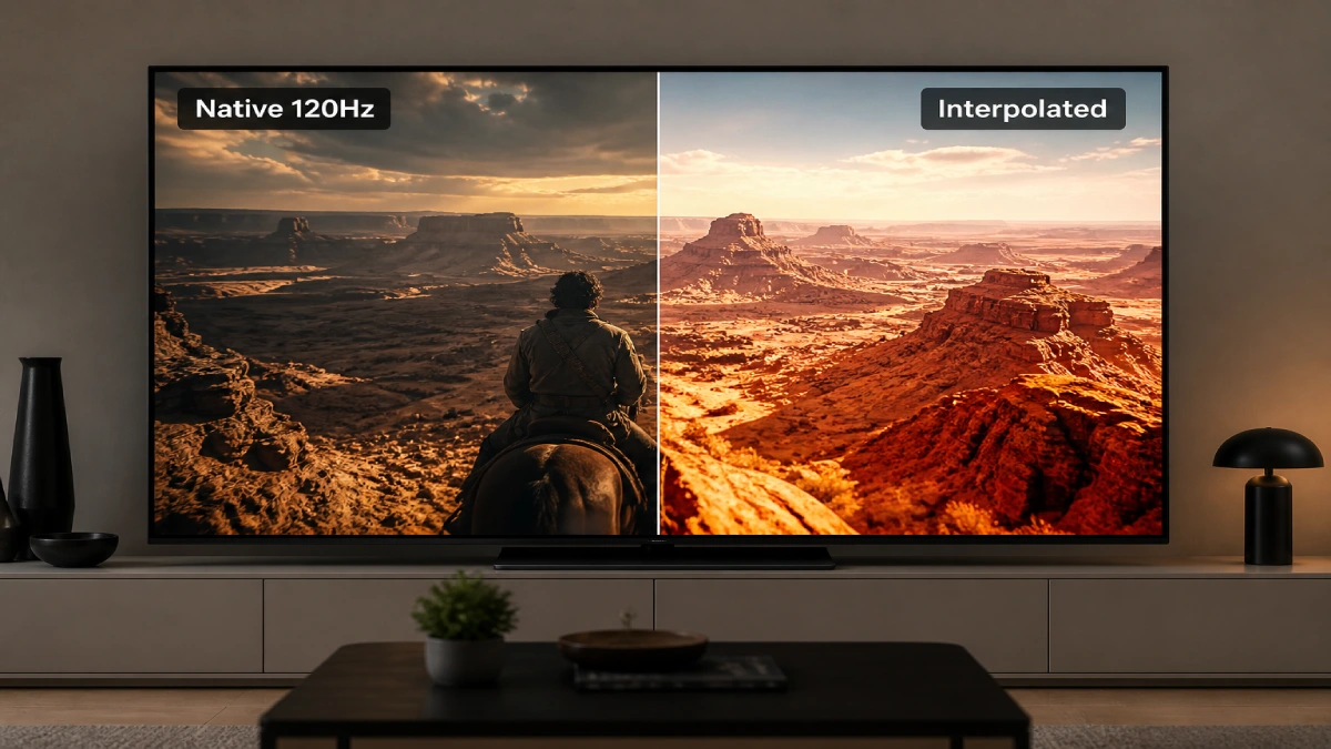 Comparație vizuală între 120Hz nativ cu aspect cinematic și imaginea interpolată pe un televizor Smart TV