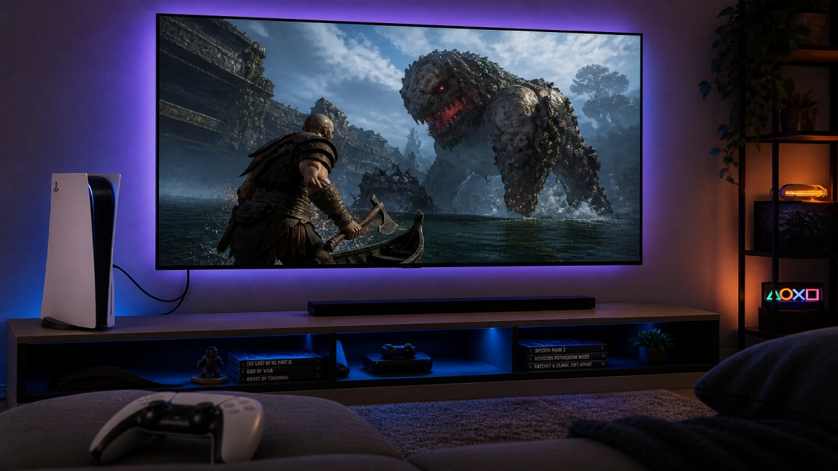 Televizor Smart TV cu 120Hz conectat la consolă PS5 pentru gaming next-gen fluid