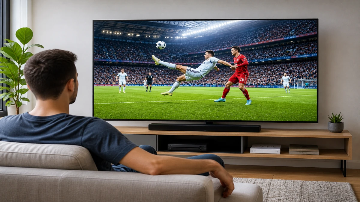 Televizor Smart TV cu 120Hz afișând un meci de fotbal live cu imagine fluidă și clară