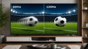 Comparație vizuală 60Hz vs 120Hz pe ecranul unui televizor — motion blur vizibil la 60Hz, imagine clară la 120Hz