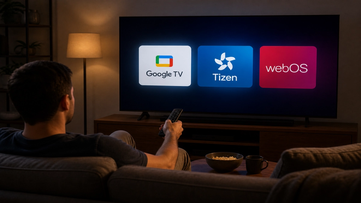 Persoană pe canapea privind un televizor Smart TV cu opțiunile Google TV, Tizen și webOS afișate pe ecran