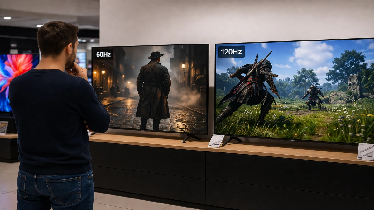 Persoană în showroom comparând două televizoare Smart TV cu rate de refresh 60Hz și 120Hz