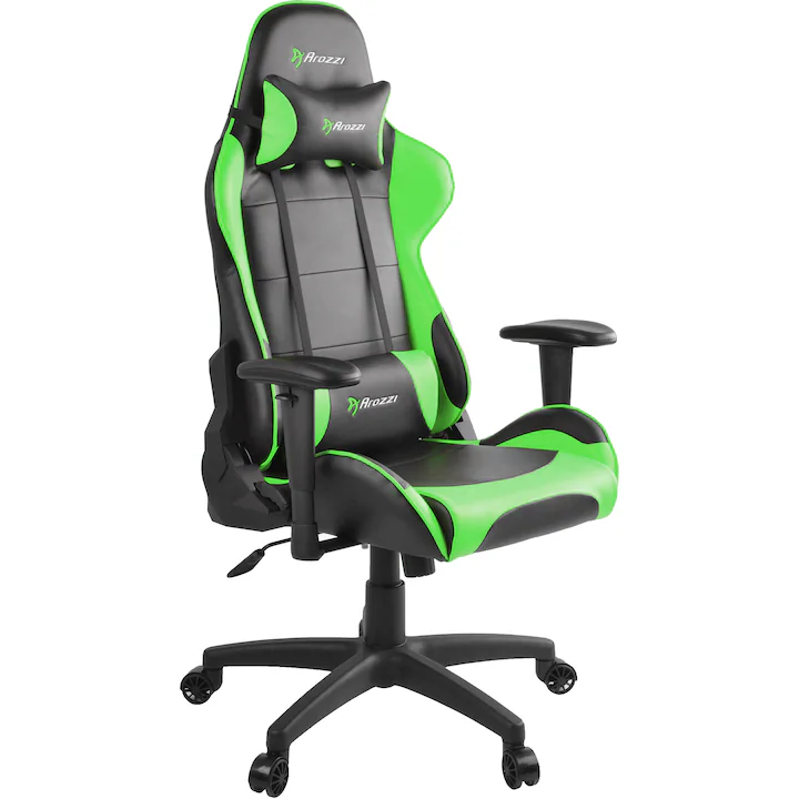Scaun gaming Arozzi Verona V2 verde-negru, piele sintetică, vedere frontală