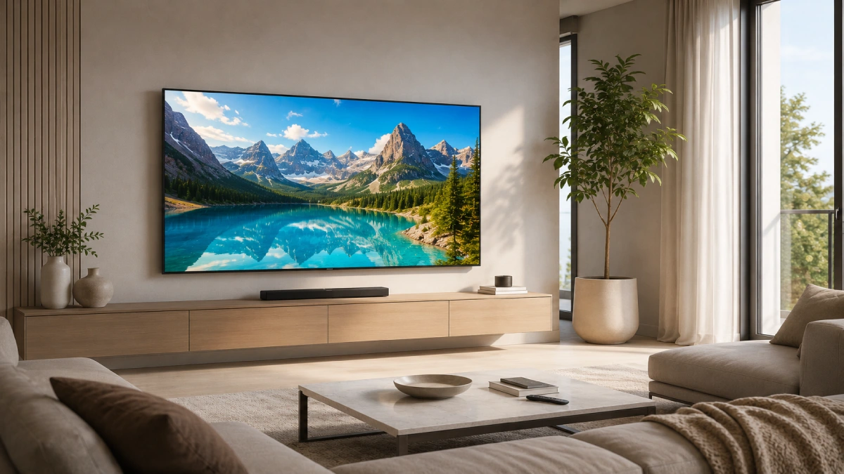 Televizor de 55 inch montat pe perete într-un living modern luminos, cu peisaj montan pe ecran și soundbar dedesubt