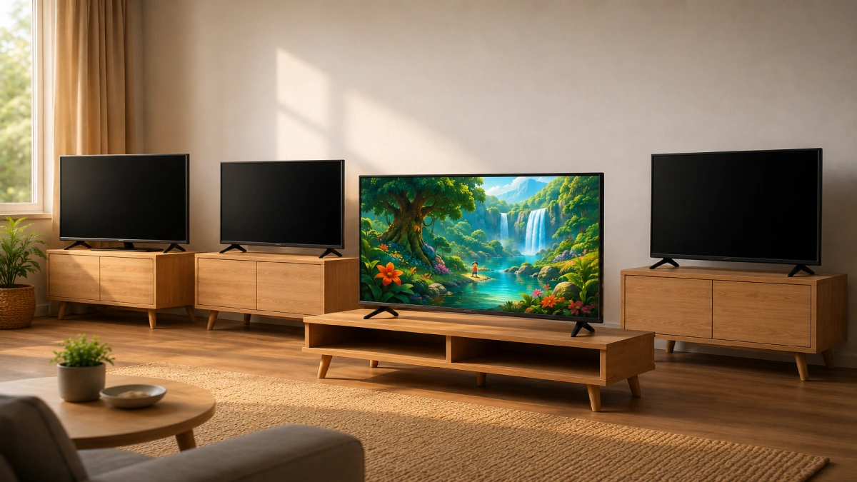 Patru televizoare ieftine recomandate așezate pe comode de lemn într-un living modern cu lumină naturală
