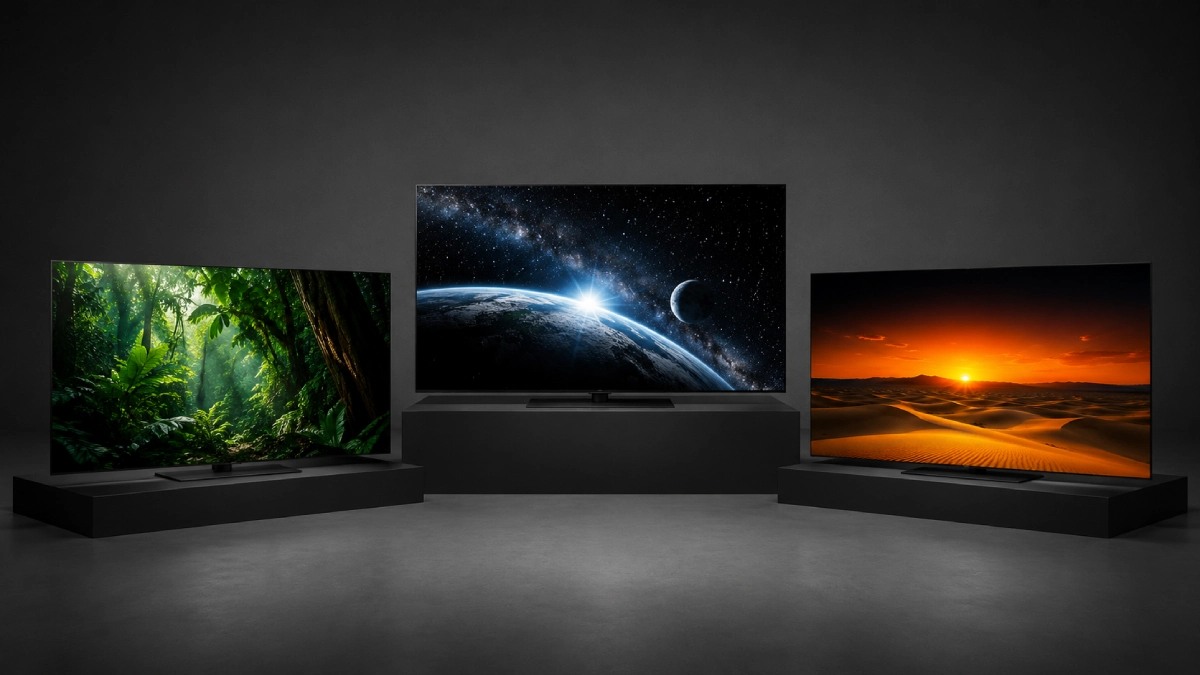 Trei televizoare OLED pe standuri negre cu scene diferite pe ecran — pădure tropicală, spațiu și deșert la apus — ilustrând contrastul și culorile tehnologiei OLED