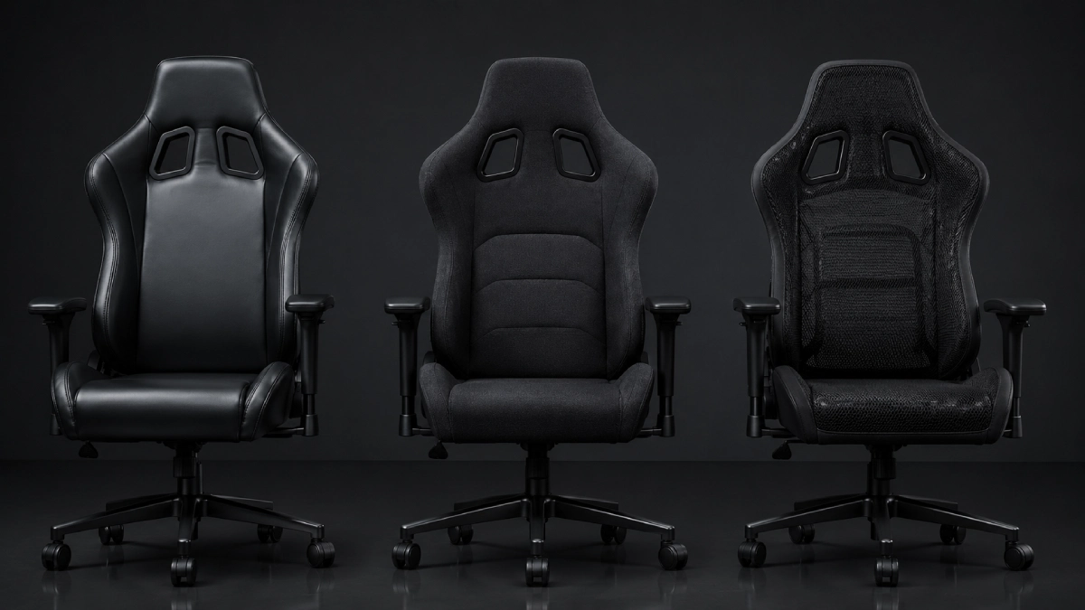 Trei scaune gaming identice ca formă cu materiale diferite: piele ecologică, textil și mesh