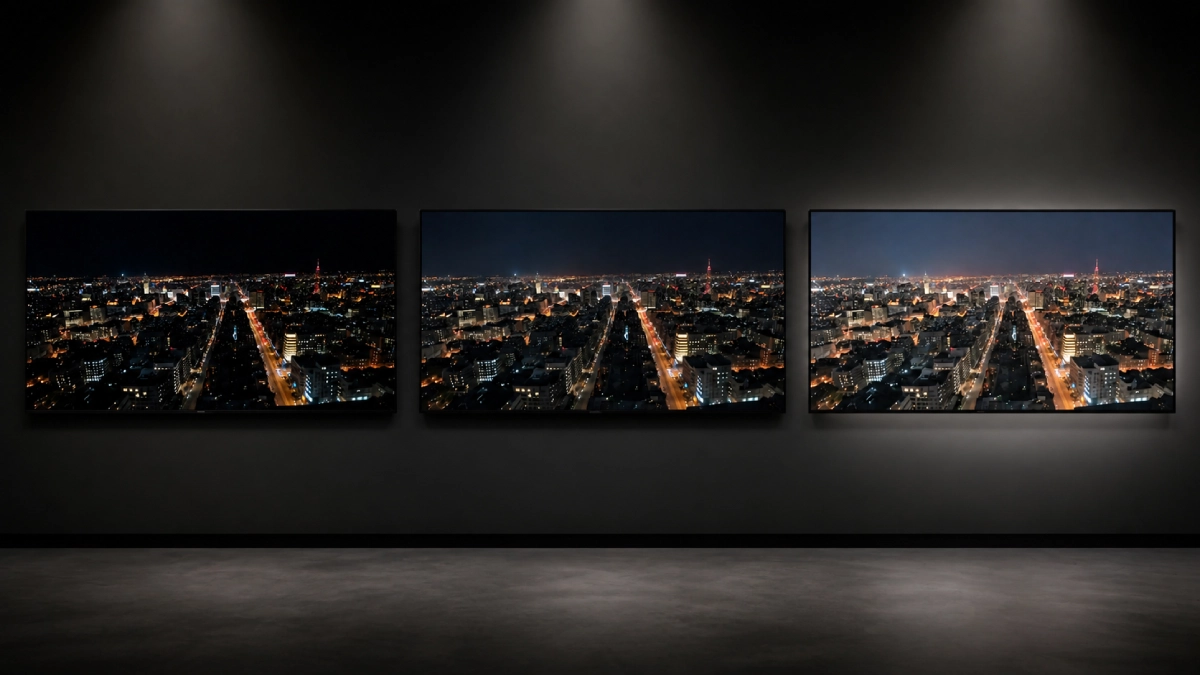 Comparație vizuală între OLED, Mini LED și QLED pe aceeași scenă nocturnă — diferențe de contrast și negru