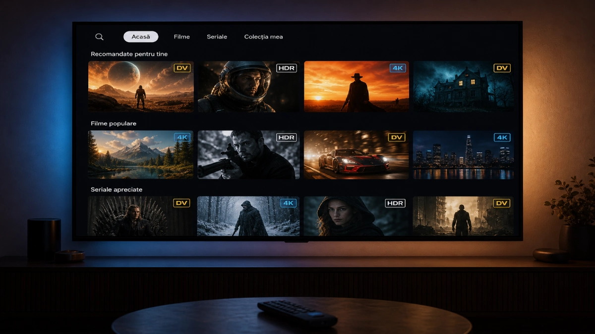 Interfață de streaming pe televizor premium afișând conținut cu badge-uri HDR, Dolby Vision și 4K disponibile pe platformele din România