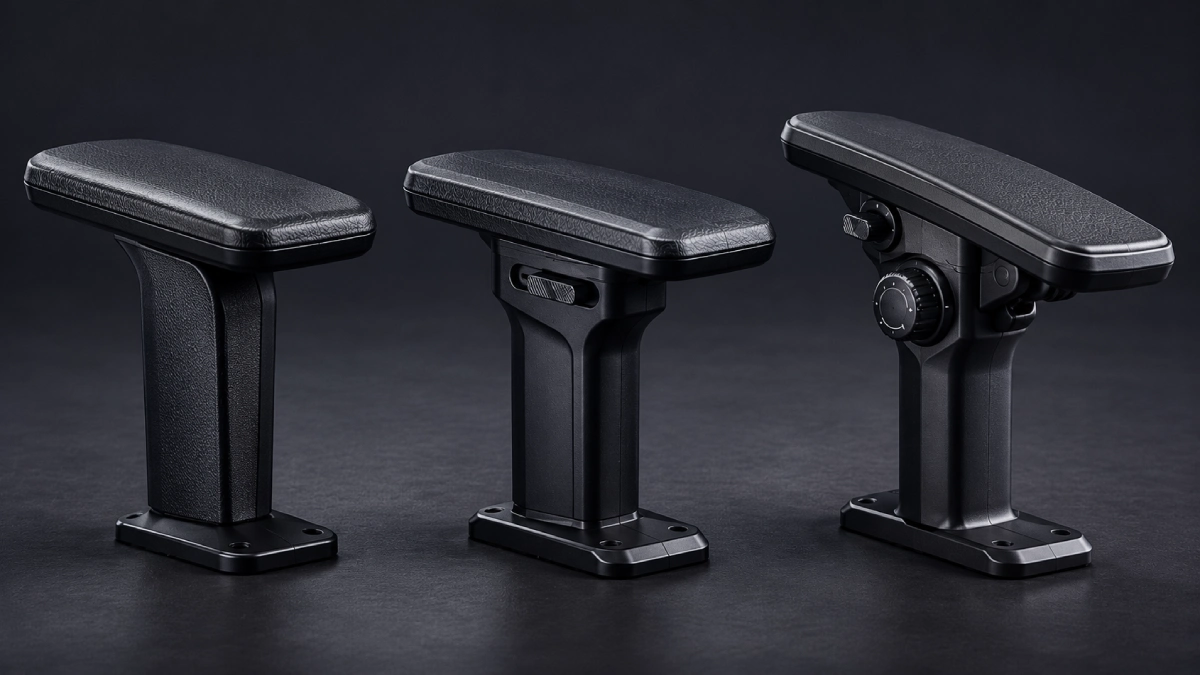 Trei tipuri de cotiere scaun gaming — 2D, 3D și 4D — comparate vizual după mecanismul de reglaj