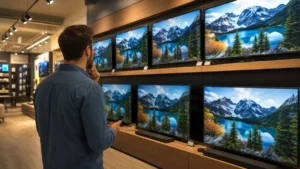 Bărbat care compară televizoare într-un magazin de electronice, privind un perete cu mai multe modele pornite