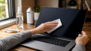 Curățare ecran laptop cu lavetă din microfibră — ghid pas cu pas