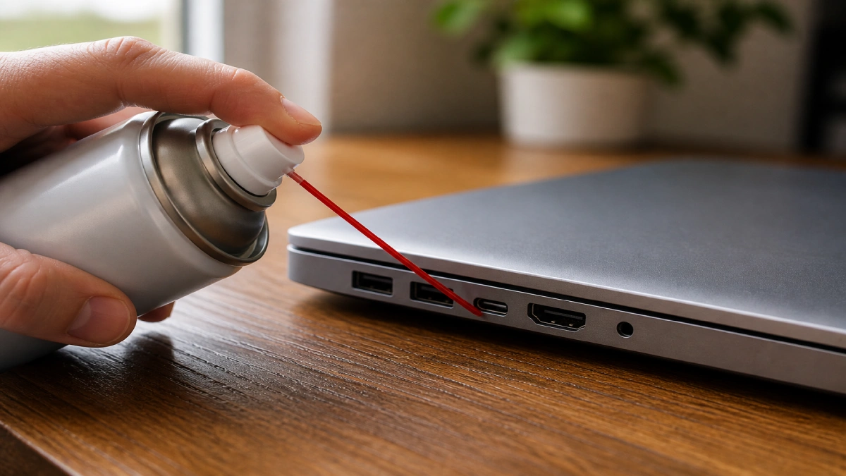 Curățare porturi USB, USB-C și HDMI laptop cu spray aer comprimat