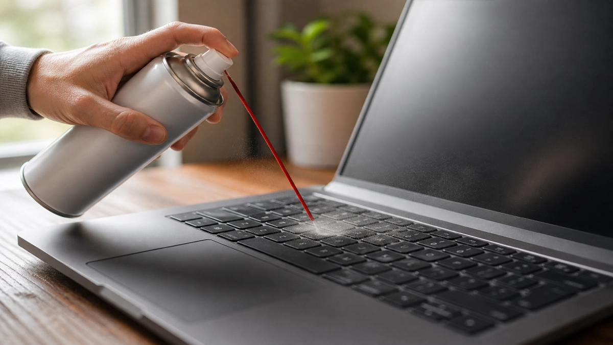 Curățare tastatură laptop cu spray aer comprimat la 45 de grade