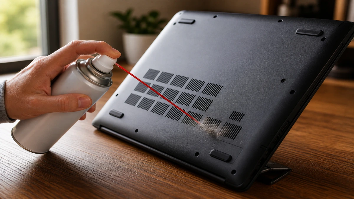 Curățare orificii ventilație laptop cu spray aer comprimat — praf ieșind din grătare