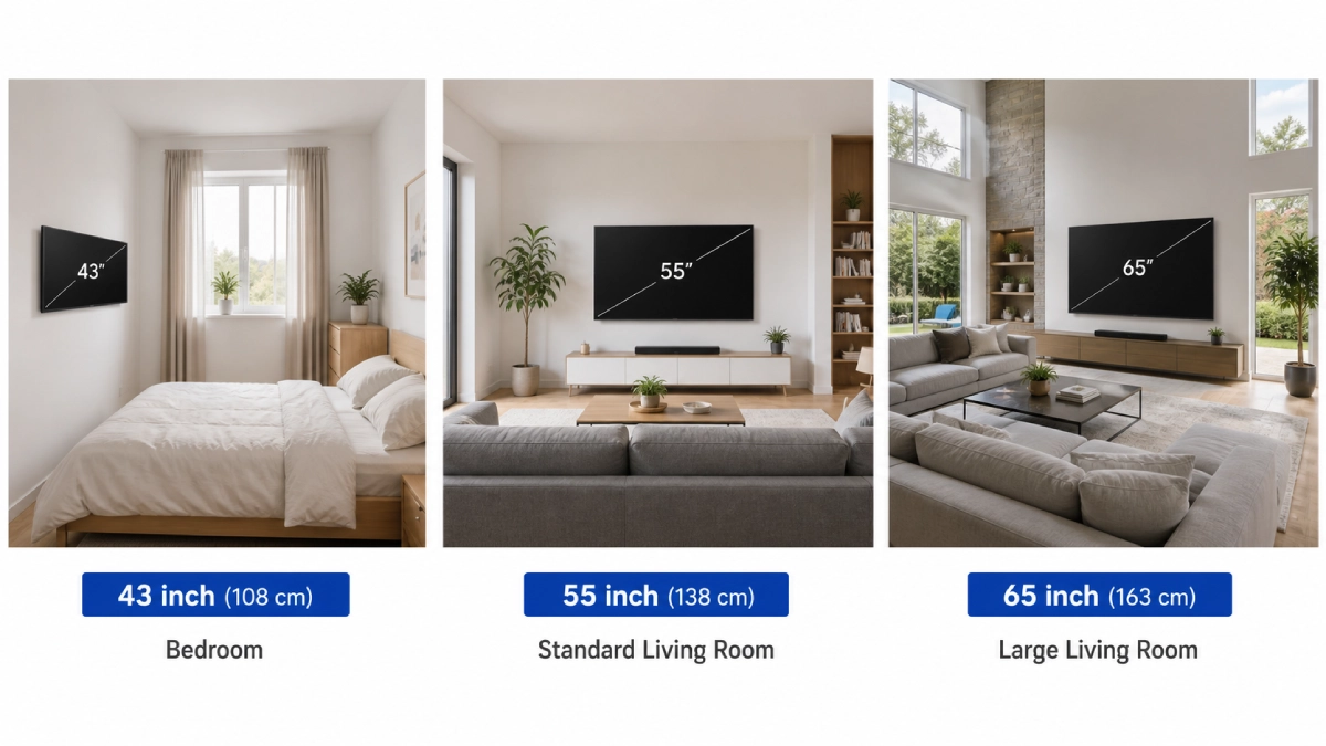 Trei camere diferite cu televizoare de 43, 55 și 65 inch montate pe perete — dormitor, sufragerie standard și sufragerie mare