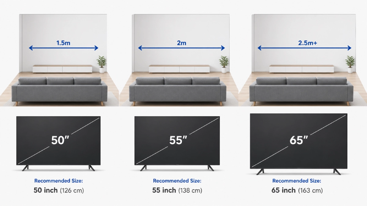 Infografic cu distanțele de vizionare de 1.5m, 2m și 2.5m și diagonalele recomandate de 50, 55 și 65 inch pentru fiecare