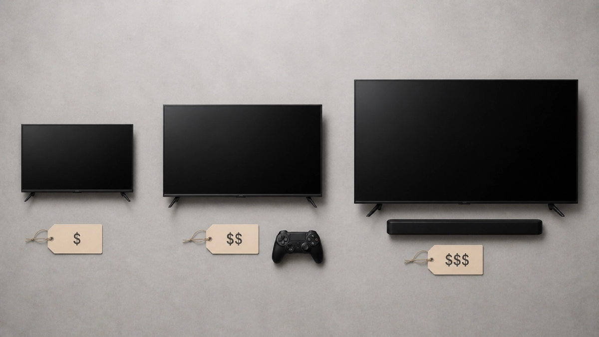 Trei televizoare de mărimi diferite cu etichete de preț entry, mid-range și premium, cu controller de gaming și soundbar