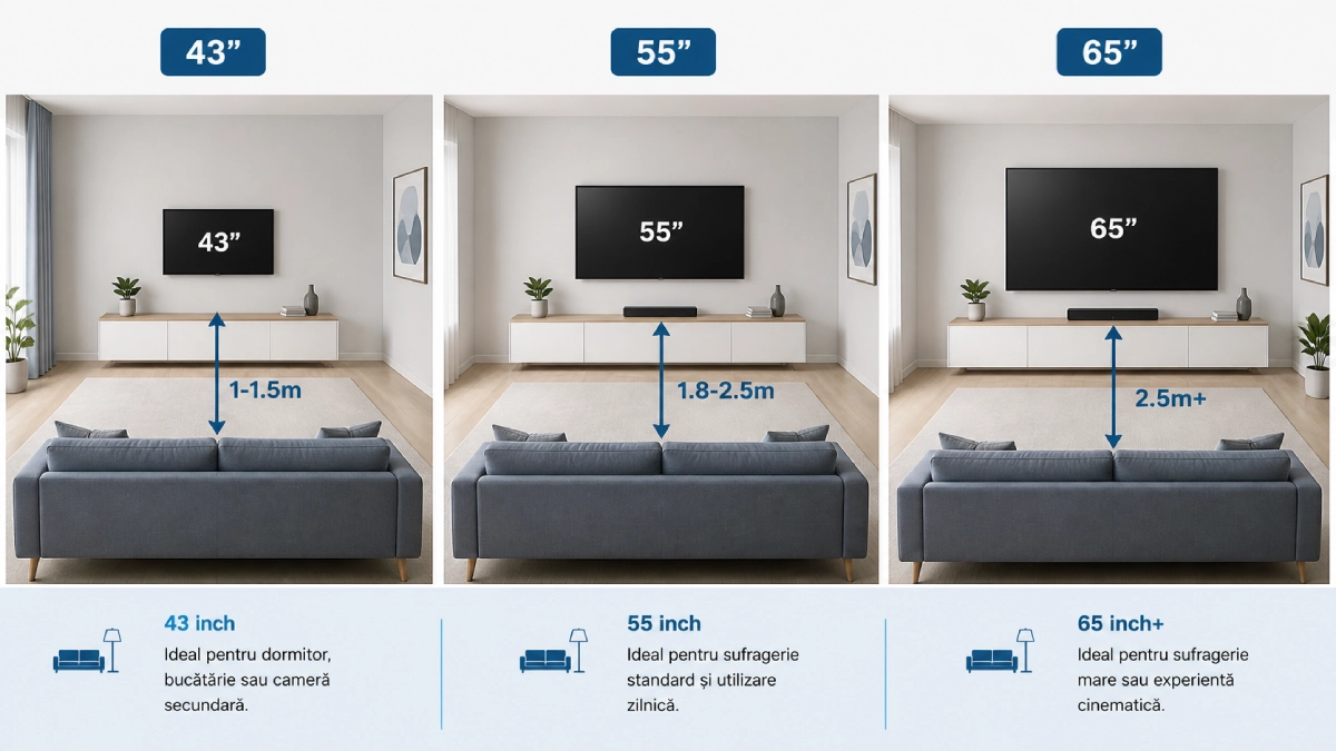Infografic cu distanțele de vizionare recomandate pentru televizoare de 43, 55 și 65 inch în living