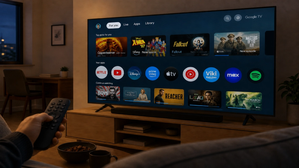 Interfața Google TV cu recomandări agregate din Netflix, Disney+ și YouTube pe ecranul principal