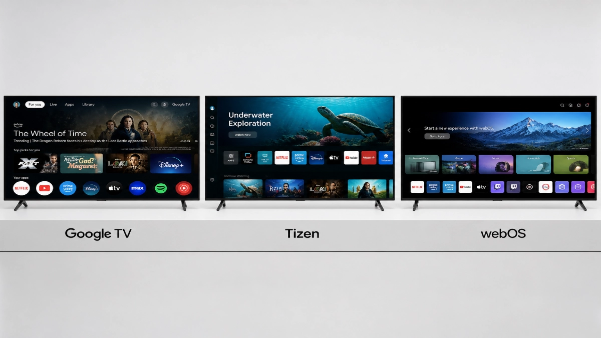 Trei televizoare Smart TV alăturate cu interfețele Google TV, Tizen și webOS afișate simultan