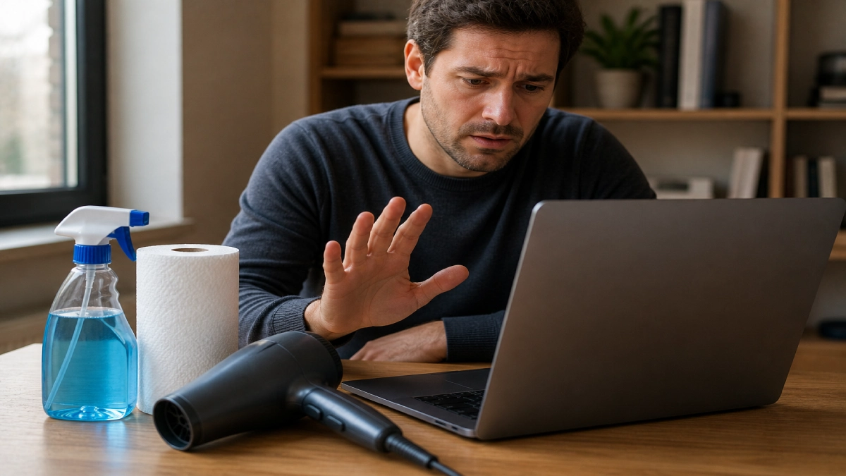 Produse greșite pentru curățarea unui laptop — spray geamuri, prosop hârtie și uscător de păr