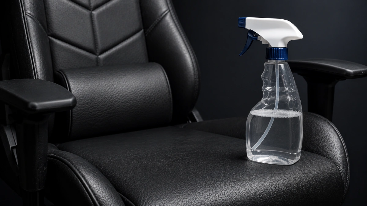 Spray de curățat nepotrivit lângă suprafața din piele ecologică a unui scaun gaming — greșeală frecventă de evitat