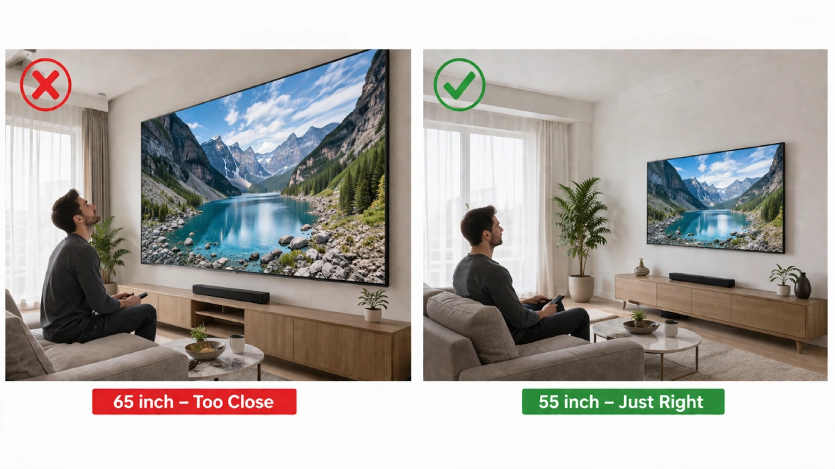 Comparație între un televizor de 65 inch prea aproape de canapea și un 55 inch la distanță confortabilă — greșit vs corect