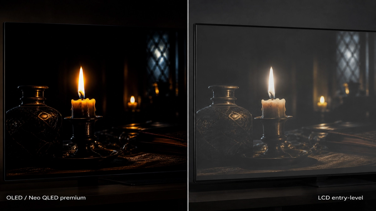 Comparație vizuală între același conținut HDR pe un televizor OLED premium și pe un LCD entry-level — diferența de contrast și negru este evidentă