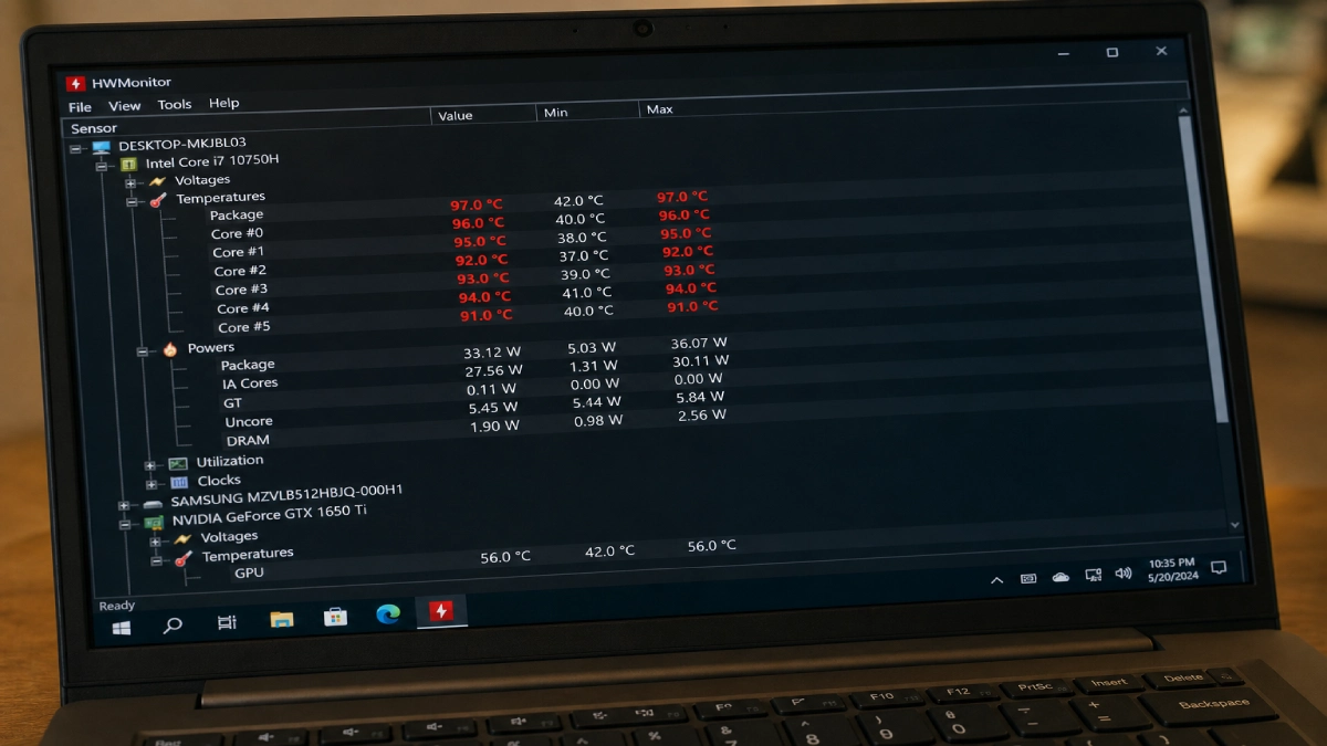 HWMonitor afișând temperatura procesorului laptop la 97°C — valori în roșu în zona de alarmă