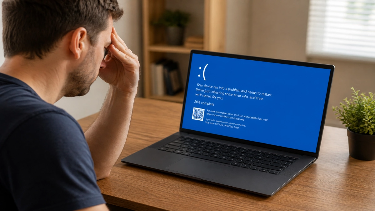 Persoană îngrijorată în fața unui laptop cu ecran albastru BSOD — semn de supraîncălzire severă